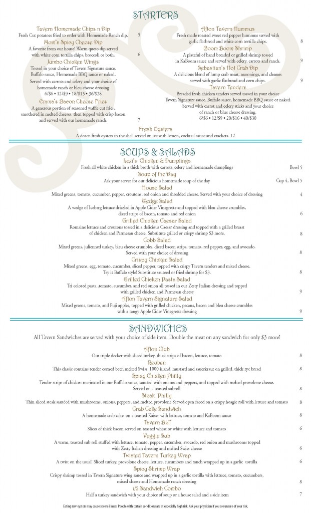 Afton Tavern Menu Page 1 Afton Village A New Old Neighborhood in